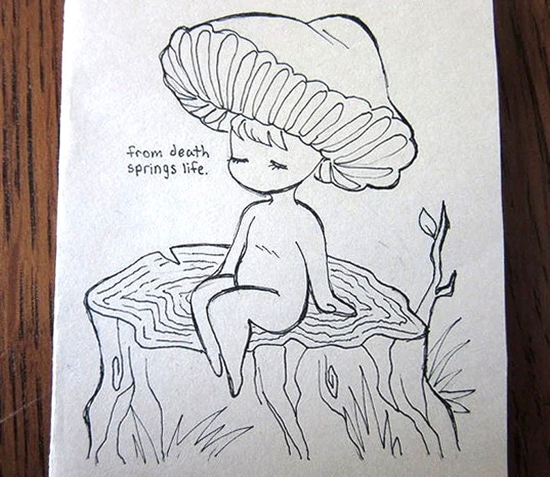 cartão ilustrado criança do cogumelo | Ilustração única, desenho de cogumelo fofo, ilustração caprichosa de cogumelo, cartão com tinta Cottagecore imagem 2