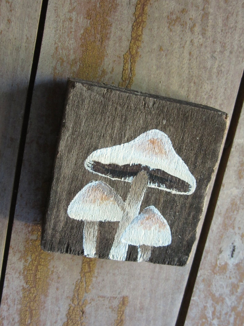 Peinture miniature sur bois Champignons sucrés Art original fait main de champignon, art de champignon vénéneux rustique minuscule de Cottagecore, peinture d'amant de champignon image 5