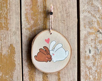 Pair of Rabbits Painted Wood Slice Ornament