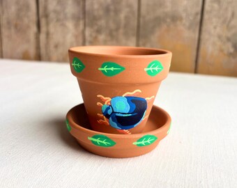 Steelblue Ladybird Planter | Hand-Painted Terracotta Planter, Small Handmade Terra Cotta Pot, Gift for Gardener, Blue Beetle Painting