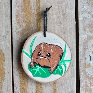 Könnte beinhalten: Runder Holzschmuck mit einem braunen Frosch mit weißen Punkten, bemalt auf einer Holzscheibe. Der Frosch sitzt auf einem grünen Blatt mit grünem Gras. Eine schwarze Schnur ist zum Aufhängen befestigt.