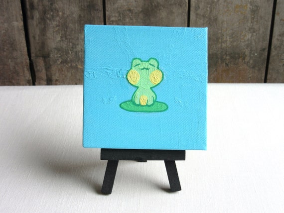 Mini Frog. 4x4 Painting, Frog Art Tiny Wall Hanging Stretched Canvas,  Handmade Original Miniature Wall Hanging Art, Canvas Frog Painting 