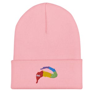 May include: Pink knitted beanie with a rainbow worm embroidered on the front. The worm has two googly eyes and is smiling.