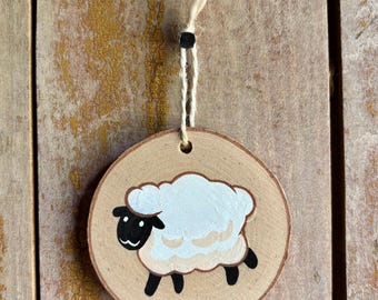 Valais Blacknose Sheep Painted Wood Slice Ornament