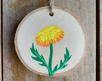 Gelbe Löwenzahn-Holzscheibenmalerei | Original kleine handgefertigte Kunst, hängende rustikale Wandkunst, Miniatur-Cottagecore-Blumen-Holzornament,