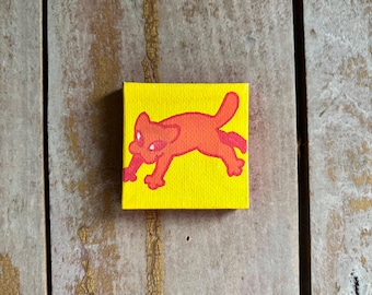 Skittish Kitty Canvas Painting | Tiny 2x2 Painting, Miniature Cat Art, Hanging Stretched Canvas, Handmade Original Miniature Wall Hanging