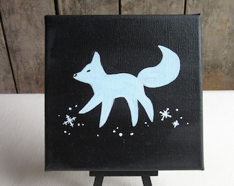 Arctic Fox Canvas Painting, Miniature Wall Hanging Fox Art, Wall Hanging Arctic Fox Art, 6x6 Stretched Canvas Fox Painting Handmade Original