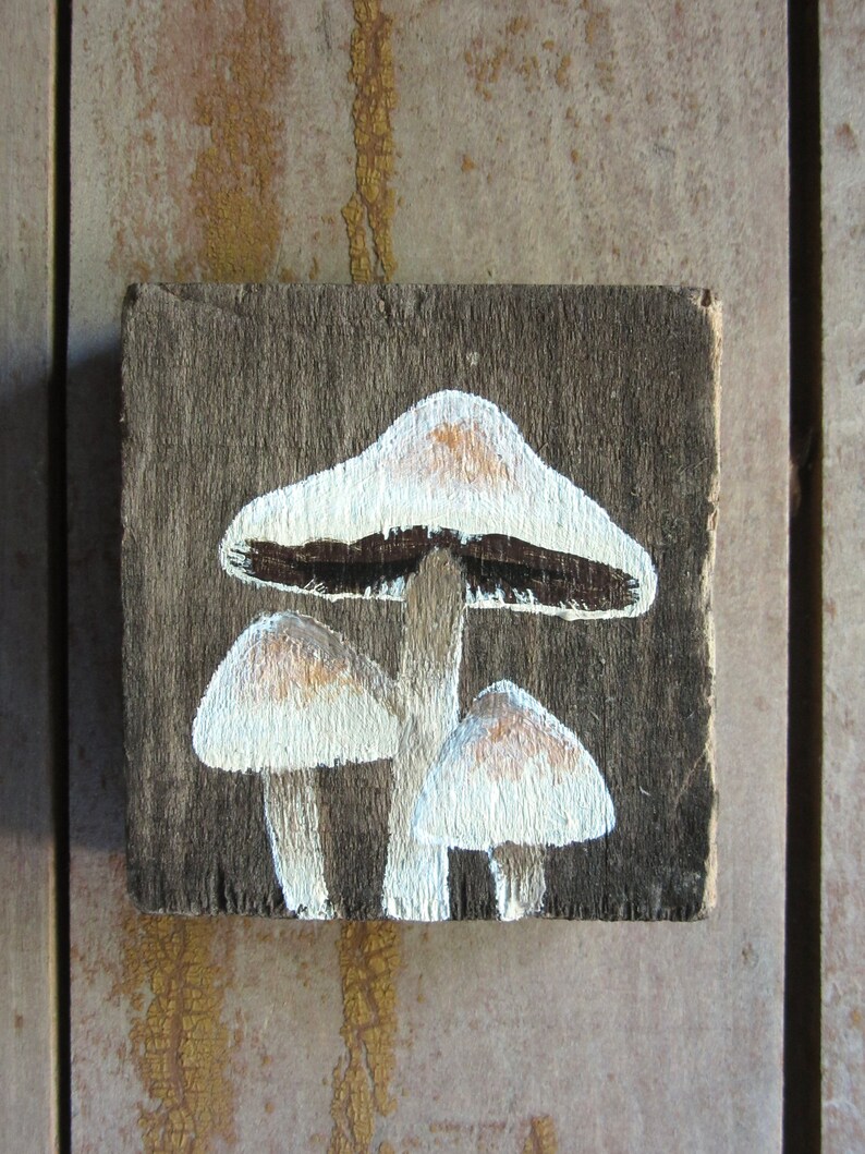 Peinture miniature sur bois Champignons sucrés Art original fait main de champignon, art de champignon vénéneux rustique minuscule de Cottagecore, peinture d'amant de champignon image 4