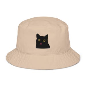 Black Cat Embroidered Organic Bucket Hat | Cute Funny Bucket Hat, Black Cat Embroidery Accessory, Adorable Black Kitty Meme Accessories