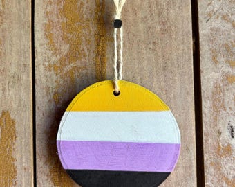 Nonbinary Flag Wood Slice Ornament Painting