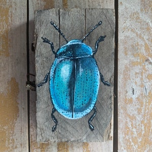 Blue Beetle Wood Painting | Rustic Bug Painting, Original Nature Art, Bug Lovers Art, Natural Farmhouse Decor, Turquoise Beetle Insect