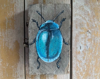 Blue Beetle Wood Painting | Rustic Bug Painting, Original Nature Art, Bug Lovers Art, Natural Farmhouse Decor, Turquoise Beetle Insect