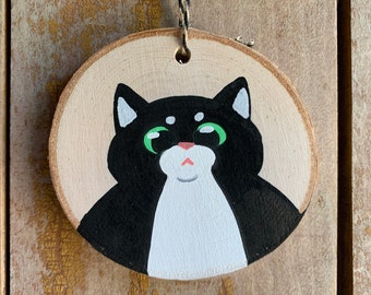 Fat Kitty Wood Slice Painting | Original Tiny Handmade Cat Art, Hanging Wall Art, Miniature Cottagecore Black and White Cat Wood Decor