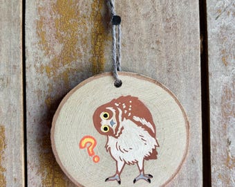 Confused Owl Wood Slice Ornament Painting