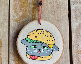 Burger Kitty Wood Slice Ornament Painting