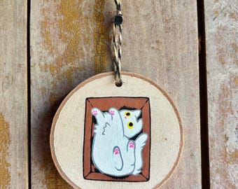 Kitty in Cardboard Box Wood Slice Ornament Painting
