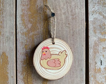 Roosting Chicken Wood Slice Painting | Original Tiny Handmade Art, Hanging Wall Art, Miniature Cottagecore Wood Decor, Chicken Art