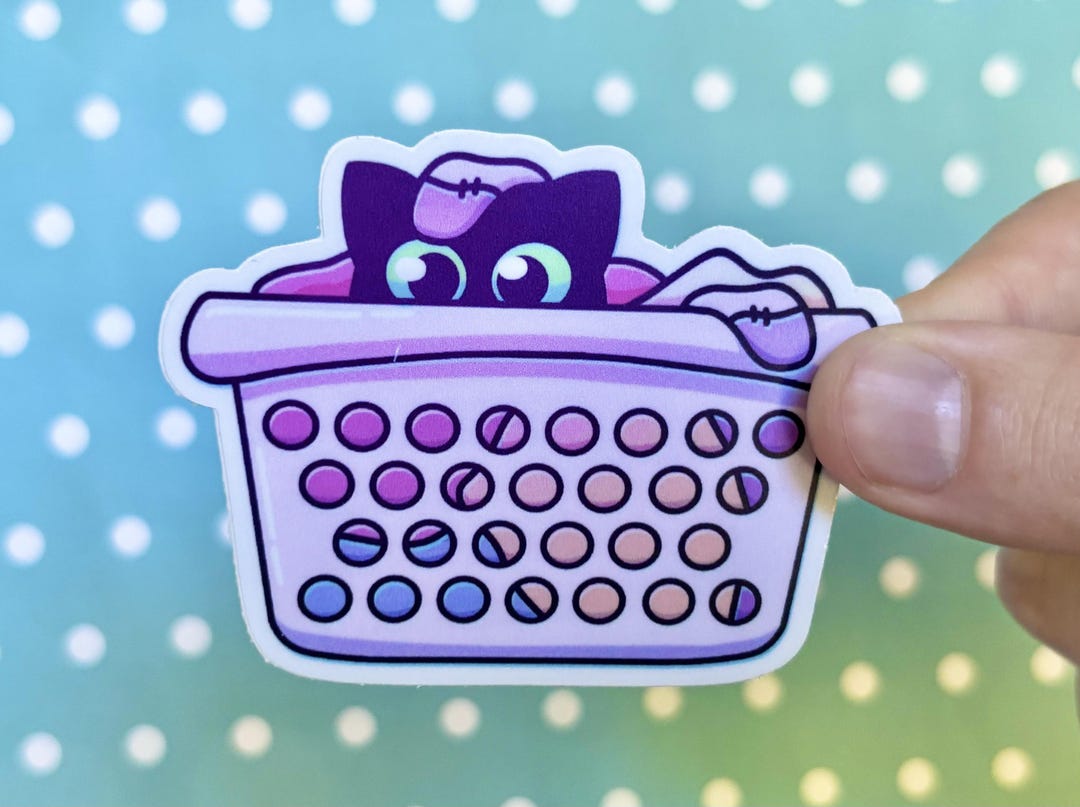 Laundry Basket Cat Sticker | Cute Funny Cat Sticker, Large Vinyl Matte ...