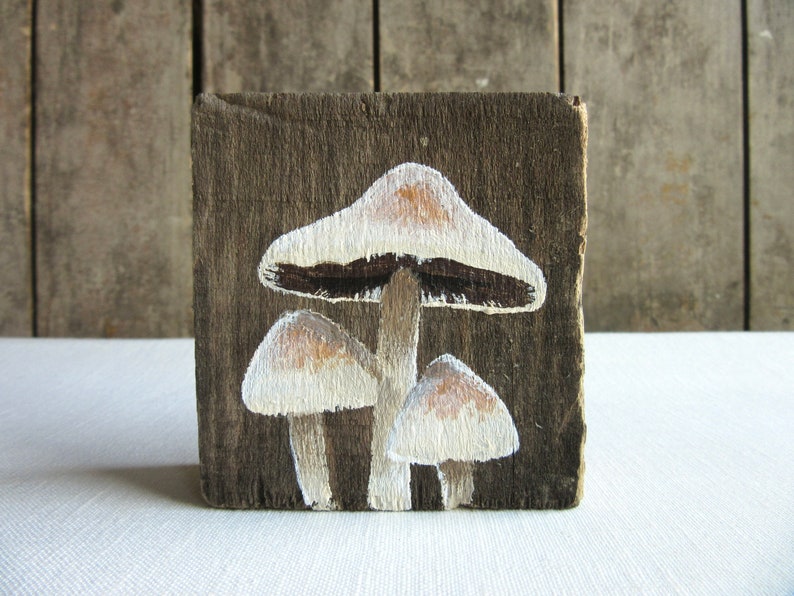 Peinture miniature sur bois Champignons sucrés Art original fait main de champignon, art de champignon vénéneux rustique minuscule de Cottagecore, peinture d'amant de champignon image 7