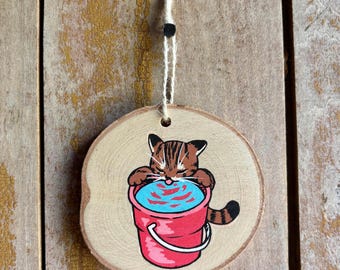 Tabby Kitty Drinking from Bucket Wood Slice Ornament Painting