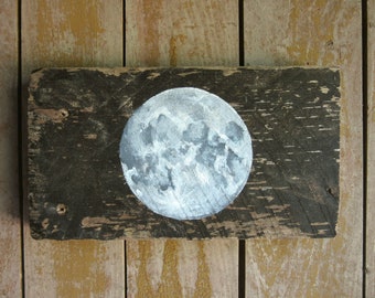 Full Moon Painting on Relaimed Wood, Wall Hanging Handmade Original Full Moon Art Painting, Rustic Wood Art Farmhouse Decor, Moon Lover Gift