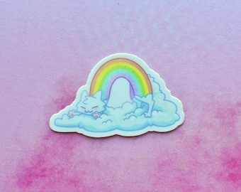 Rainbow Cat Sticker | Cute Vinyl Matte Pastel Sticker, Kawaii Cloud Rainbow Cat Aesthetic Sticker, Waterproof Water Bottle Laptop Sticker