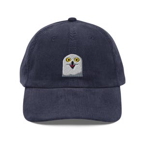 Funny Owl Embroidered Vintage Style Corduroy Cap | Cute Snowy Owl Hat, Bird Lover Cap Embroidery, White Shocked Surprised Owl Meme