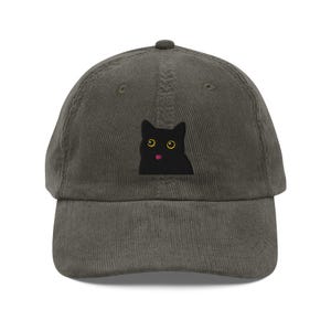 Black Cat Embroidered Vintage Style Corduroy Cap | Cute Funny Embroidered Hat, Black Cat Lover Gift, Halloween Kitty Meme Accessory
