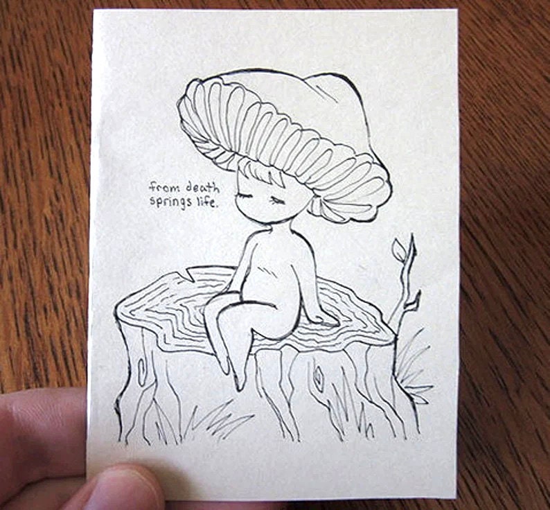 cartão ilustrado criança do cogumelo | Ilustração única, desenho de cogumelo fofo, ilustração caprichosa de cogumelo, cartão com tinta Cottagecore imagem 1