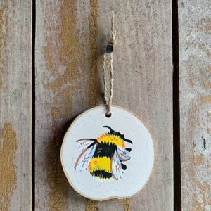 Bumblebee Wood Slice Painting Original Tiny Handmade Bee Art, Hanging Rustic Ornament, Wall Art, Miniature Cottagecore Bee Decor image 1