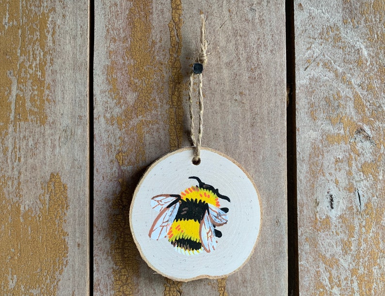 Bumblebee Wood Slice Painting Original Tiny Handmade Bee Art, Hanging Rustic Ornament, Wall Art, Miniature Cottagecore Bee Decor image 1