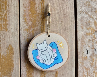 Kitty Biting Tail Wood Slice Ornament Painting