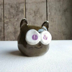 Optimistic Cat Ceramic Figurine | Chubby Big-Eyed Pottery Cat, Miniature Cat Art, Funny Handmade Ceramic Happy Cat Figurine, Fat Cat, Animal