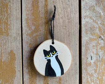 Curious Black and White Kitty. Acrylic Wood Painting, Original Handmade Art, Hanging Rustic Wall Art, Miniature Cottagecore Wood Decor