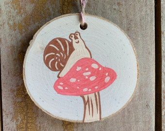 Snail On Mushroom Wood Slice Painting | Original Tiny Handmade Art, Hanging Wall Art, Miniature Cottagecore Wood Decor, Snail Art