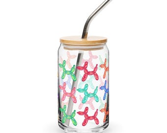 Balloon Dog Pattern Can-Shaped Glass | 16oz Glass with Straw and Lid, Cute Balloon Animal Patterned Cup, Clowncore Kidcore Aesthetic Cup