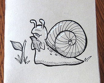 Munching Snail Illustrated Card | One of a Kind Illustration, Cute Snail Drawing, Whimsical Snail Illustration, Cottagecore Inked Card