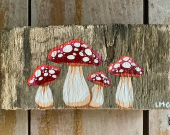 Freckled Mushrooms Wood Painting | Miniature Painting, Handmade Original Mushroom Art, Rustic Toadstool Art, Mushroom Lover Painting