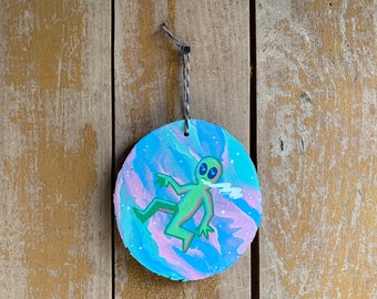 Floating Alien Wood Slice Painting | Original Handmade Art, Hanging Rustic Wall Art, Miniature Cottagecore Wood Decor, Sci Fi Art