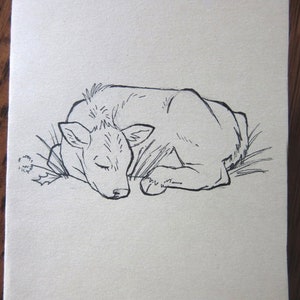 Illustrierte Karte mit schlafendem Kalb | Einzigartige Illustration, süße Kuh-Zeichnung, hübsche Cottagecore-Kuh-Illustration, Karte mit Nutztieren