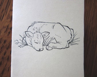 Illustrerat kort med sovande kalv | Unik illustration, söt ko-teckning, vacker ko-illustration med Cottagecore-motiv, bläckkort med bondgårdsdjur