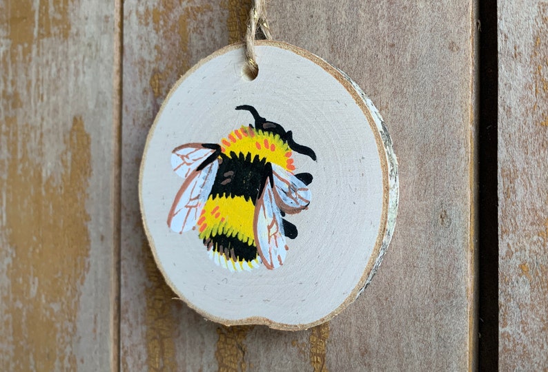 Bumblebee Wood Slice Painting Original Tiny Handmade Bee Art, Hanging Rustic Ornament, Wall Art, Miniature Cottagecore Bee Decor image 3