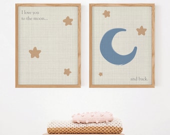 I love you to the moon and back Set of 2 Nursery Prints, Nursery Wall Art, Moon Artwork, Star Nursery Artwork, Boho Nursery Artwork, Neutral