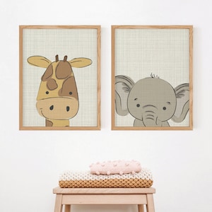Safari Nursery Artwork Set of Two, Nursery Wall Art, Giraffe Artwork, Elephant Artwork, Animal Art, Neutral Nursery, Gender Neutral Nursery