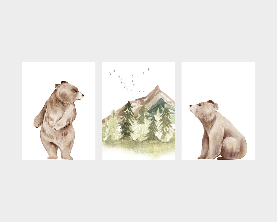 Woodland Nursery Wall Art Set of 3, Bear Wall Art, Forest Nursery ...