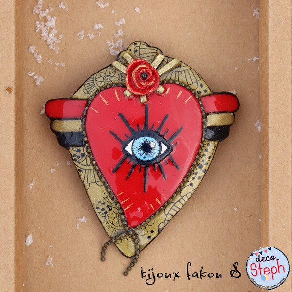 broche ex-voto œil cœur, inspiration des cœurs mexicain, model unique et original. rouge et or