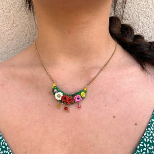 delicate flower bouquet bib necklace, handmade in polymer, gold stainless steel chain