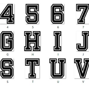 May include: Black and white alphabet letters and numbers in a varsity style font. The letters and numbers are outlined in black and have a white interior.