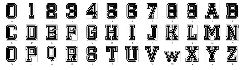 May include: Black and white alphabet letters and numbers in a varsity style font. The letters and numbers are outlined in black and have a white interior.