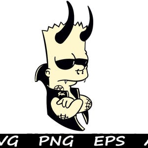 Può includere: Un personaggio dei cartoni animati con la pelle gialla e le corna nere, che indossa occhiali da sole e una giacca di pelle nera. Il personaggio ha un pentagramma sul petto e tiene le braccia incrociate.